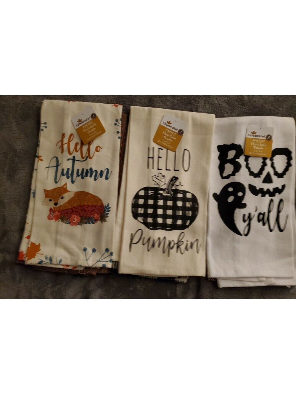 (6) Halloween Pumpkin Turkey Fall Harvest Kitchen Dish Towel Set Cotton 15x25
